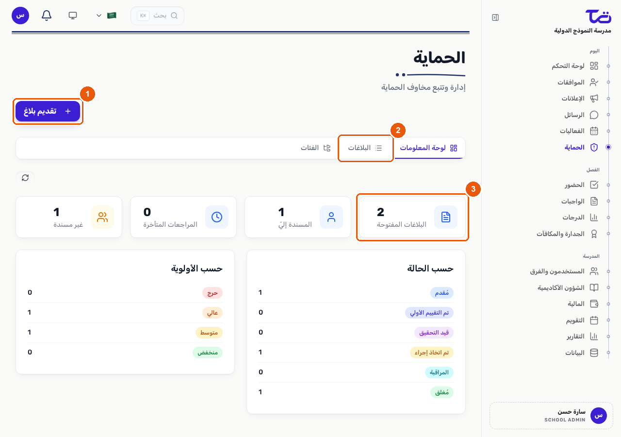 لوحة معلومات الحماية تعرض زر تقديم بلاغ، وتبويبة البلاغات، وبطاقة البلاغات المفتوحة