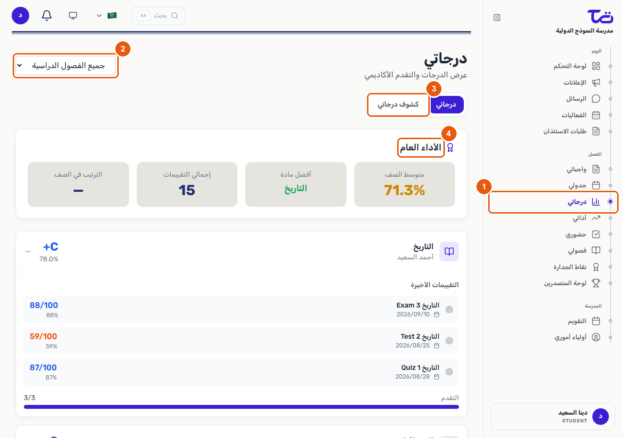 صفحة درجاتي تعرض فلتر الفصل الدراسي، وتبويبي درجاتي وكشوف درجاتي، وملخص الأداء العام مع متوسط الصف وأفضل مادة وإجمالي التقييمات والترتيب في الصف