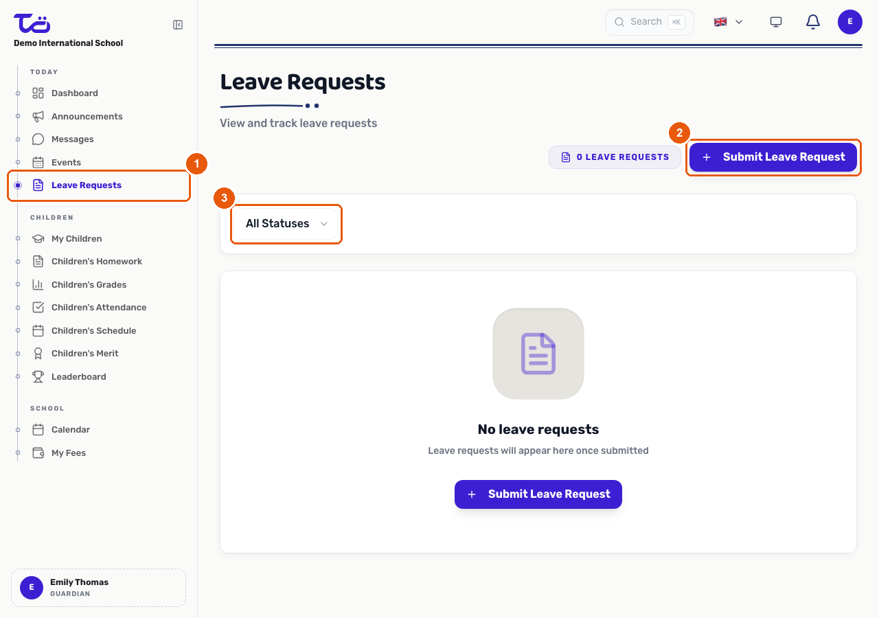 The Leave Requests page with the sidebar link, Submit Leave Request button, and status filter