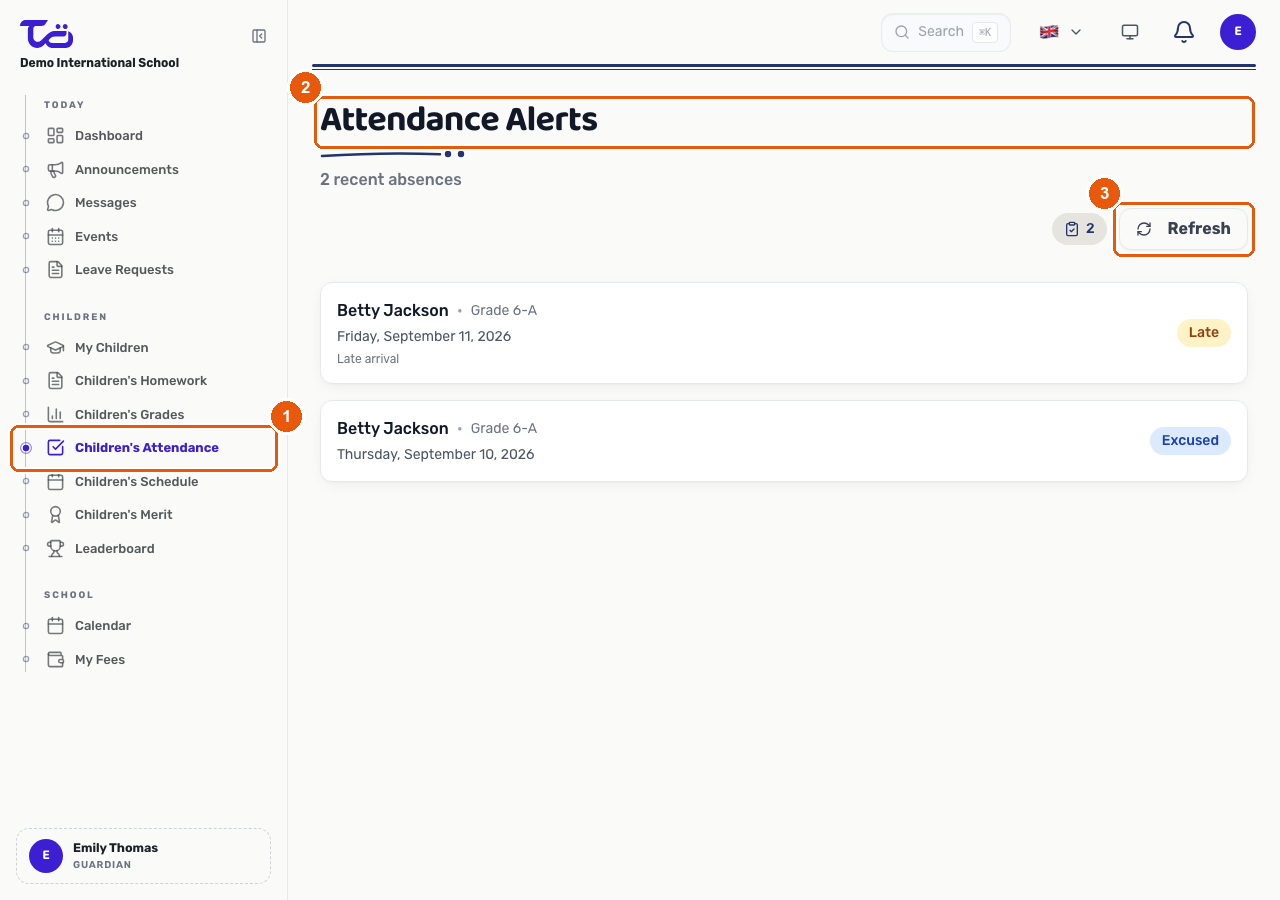 The Attendance Alerts page listing recent absence, late, and excused alerts for a guardian's child