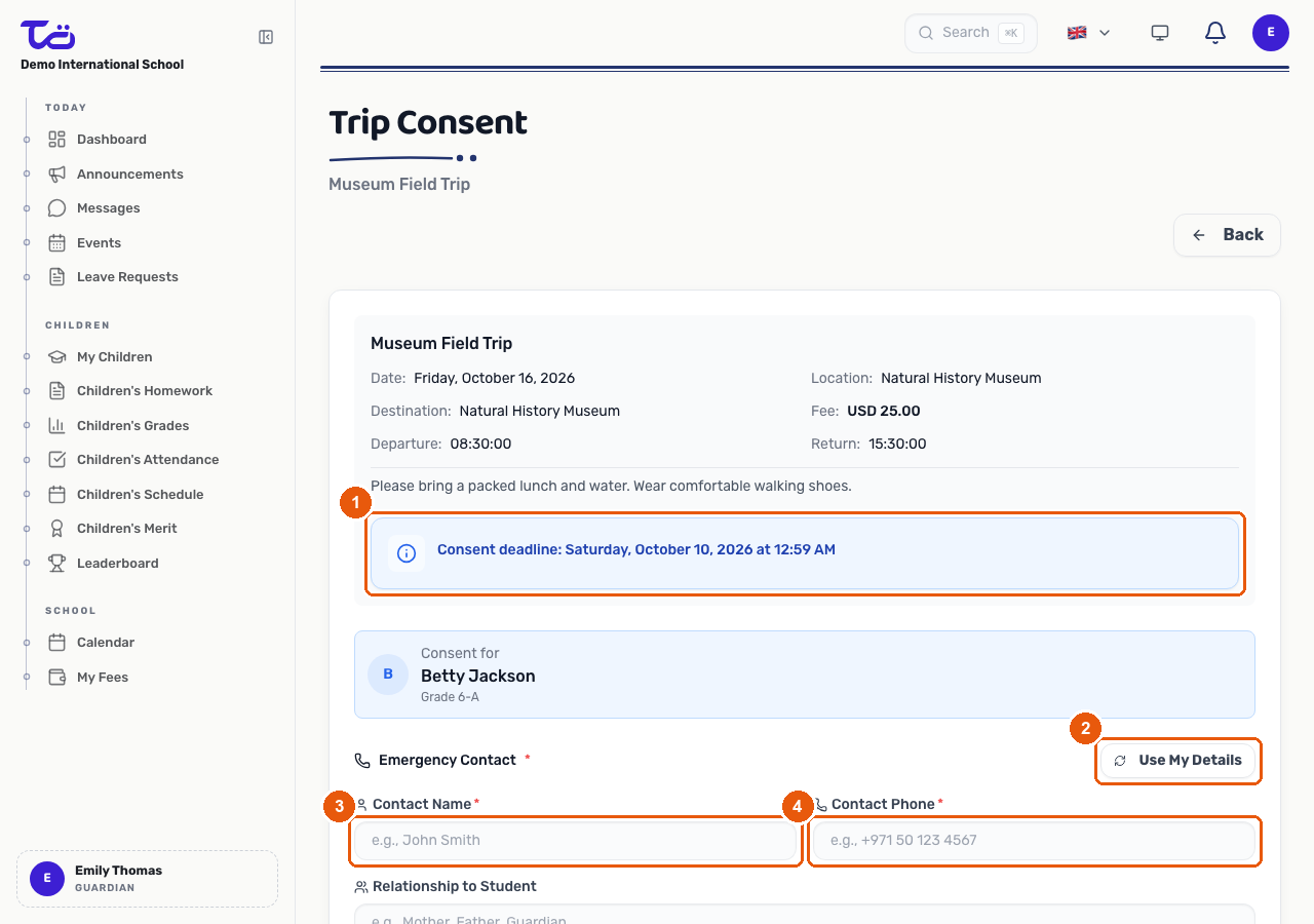 The Trip Consent page for a school trip, showing the consent deadline notice and the emergency contact fields