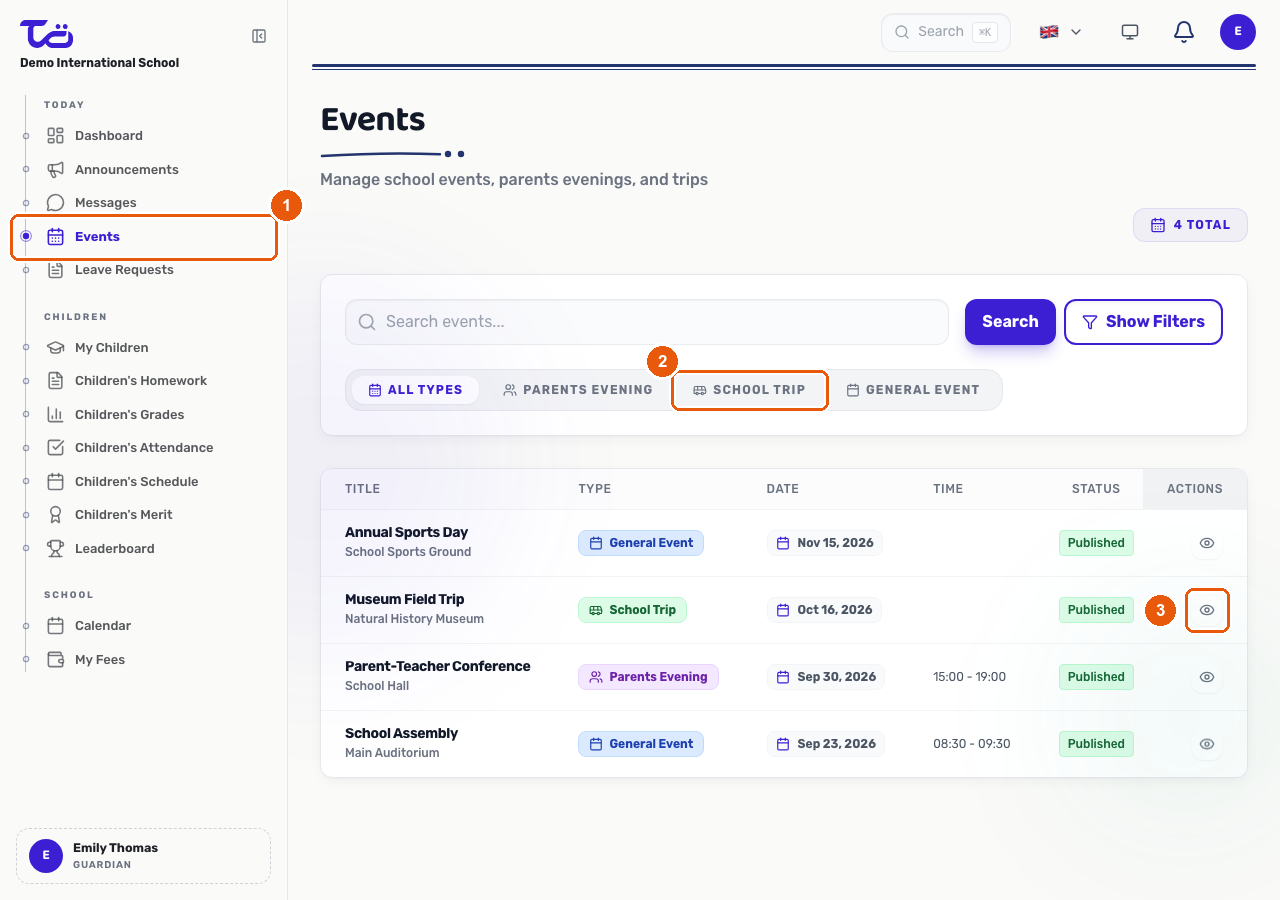 The Events page showing the events table with type badges and filter chips