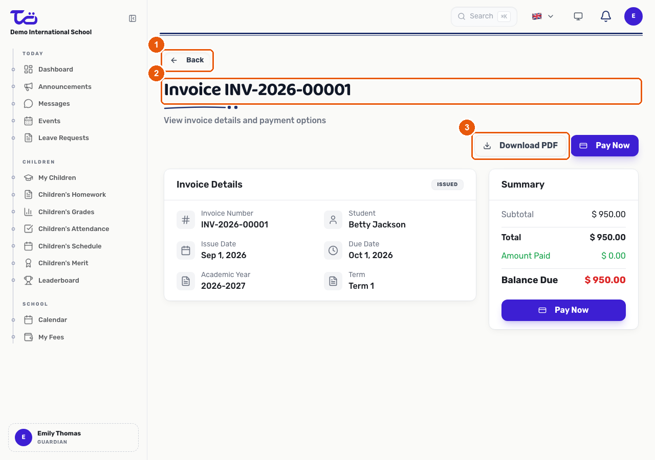 An invoice detail page showing the invoice number, student, issue date, due date, academic year and term, a Download PDF button, and a payment summary with the balance due
