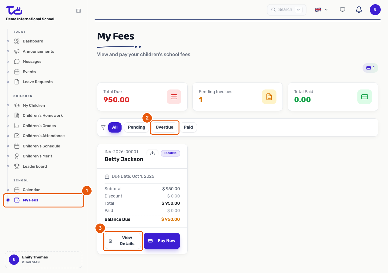 The My Fees page showing total due, pending invoices and total paid summary cards, a status filter bar, and an invoice card with a View Details button
