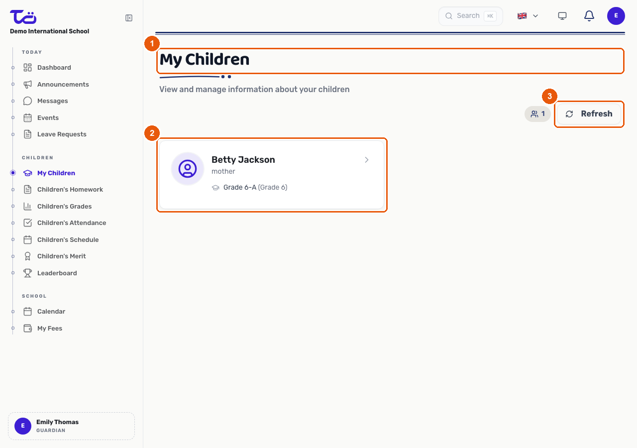 The My Children page listing a linked child's name, relationship and class, with a Refresh button