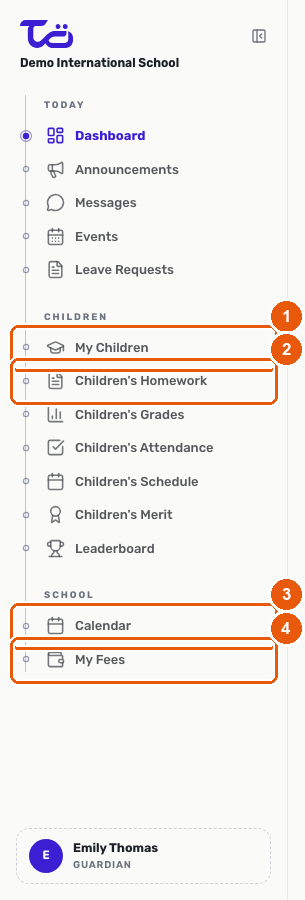 The CHILDREN and SCHOOL sections of the guardian sidebar, showing My Children, Children's Homework, Calendar and My Fees links