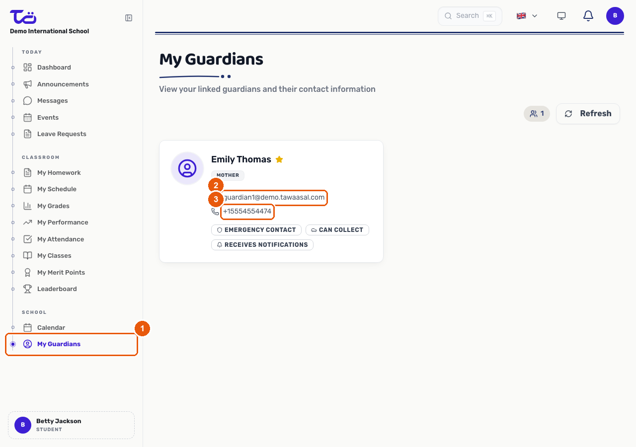 A student's My Guardians page listing a linked guardian's name and contact details