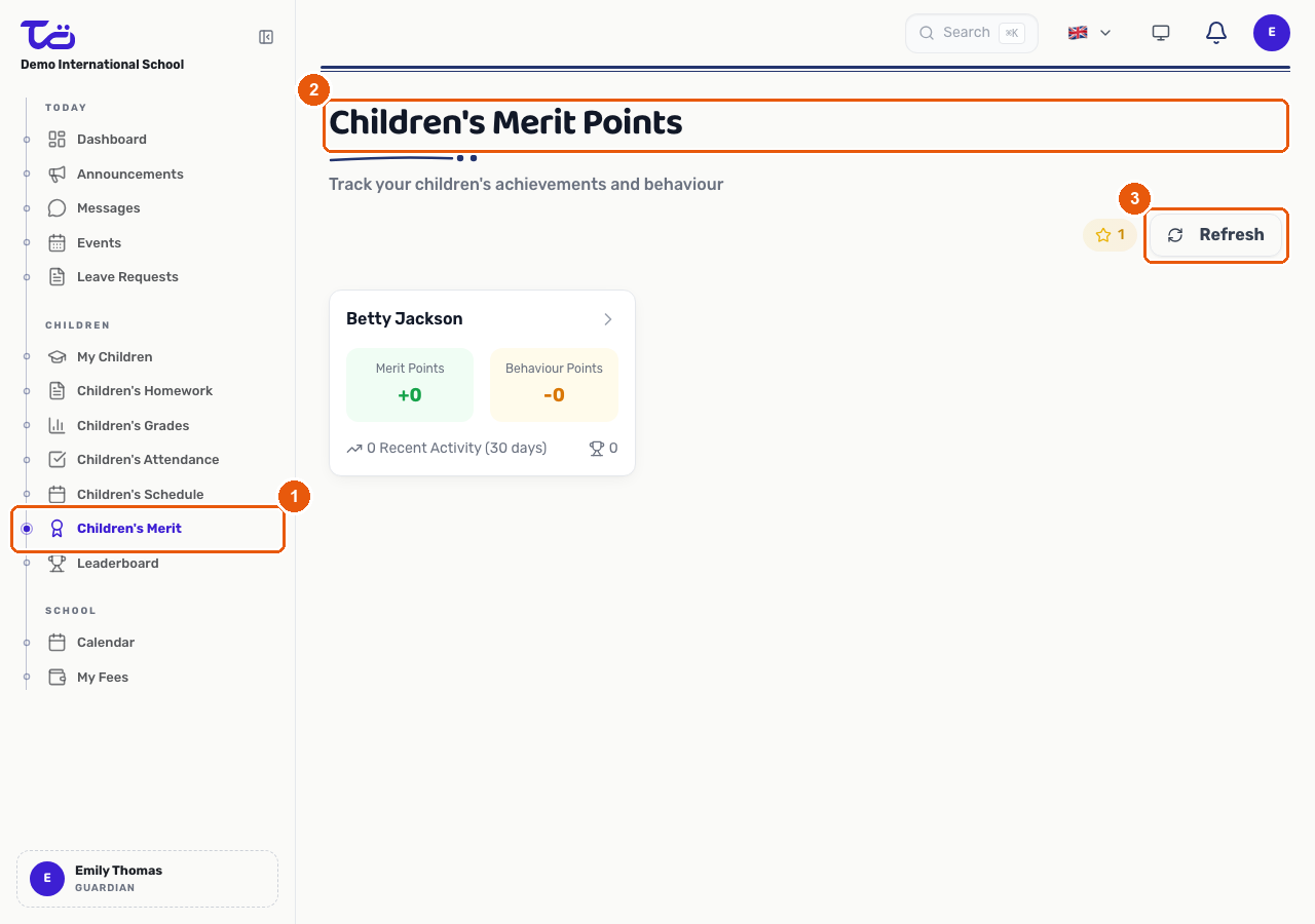 The Children's Merit page showing a card for each child with their merit points, behaviour points, and recent activity, plus the Refresh button