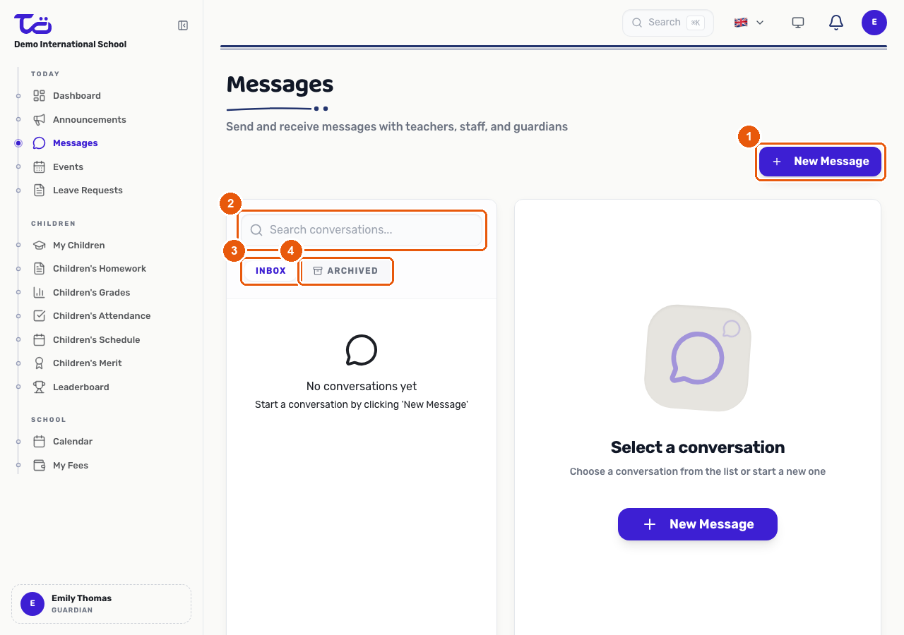 The Messages page showing the New Message button, the conversation search field, and the Inbox and Archived tabs