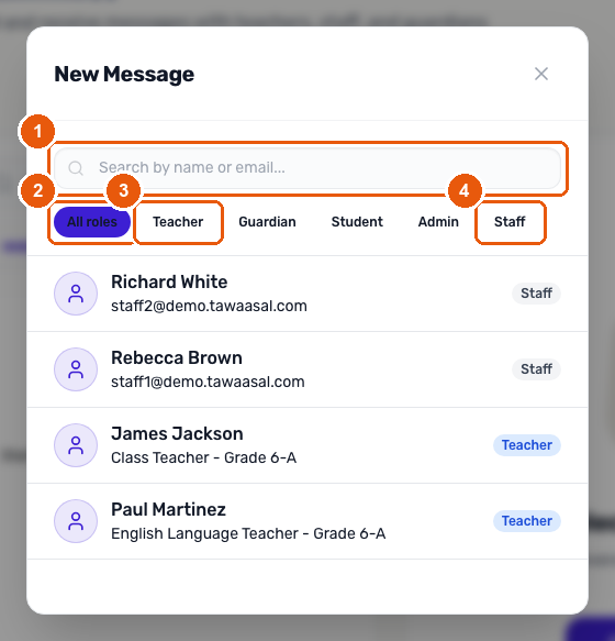 The New Message dialog showing the recipient search field and role filters for Teacher, Guardian, Student, Admin and Staff