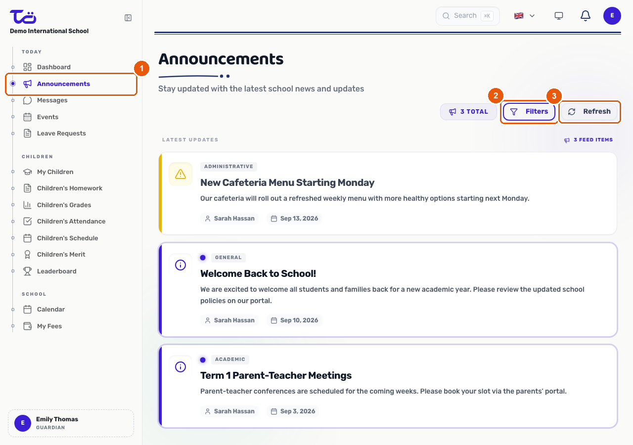 The Announcements page showing a feed of school announcements with category tags, titles, dates and summaries