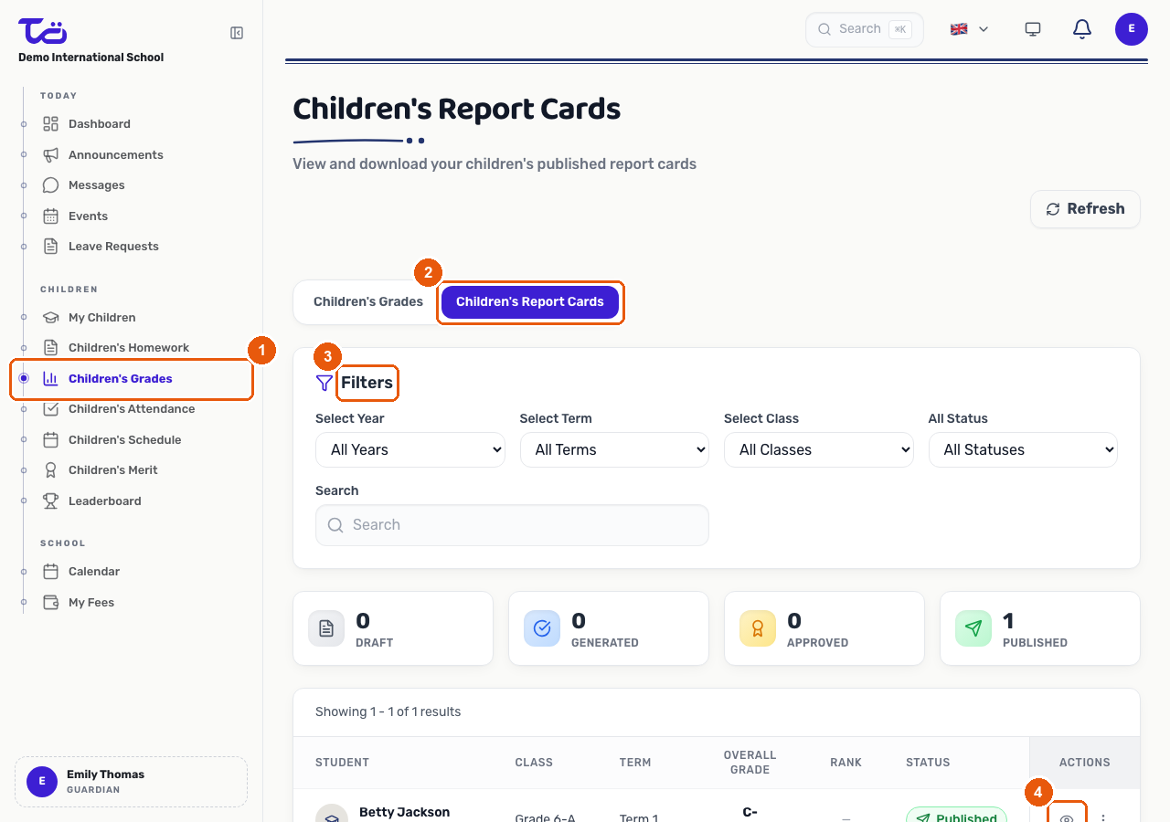 The Children's Report Cards page with year, term, class and status filters and a table of published report cards