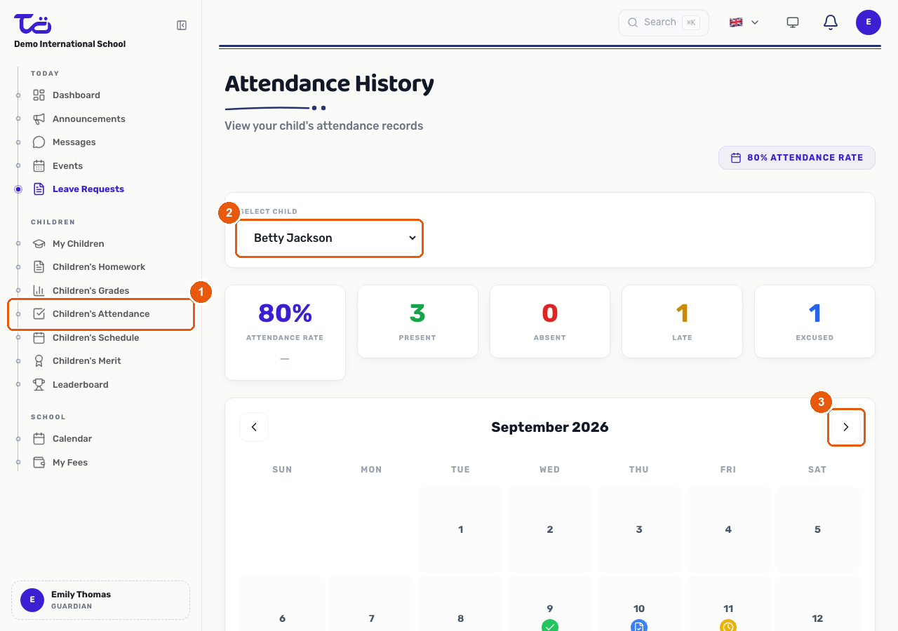 The Attendance History page with a child selector and a monthly calendar showing daily attendance status