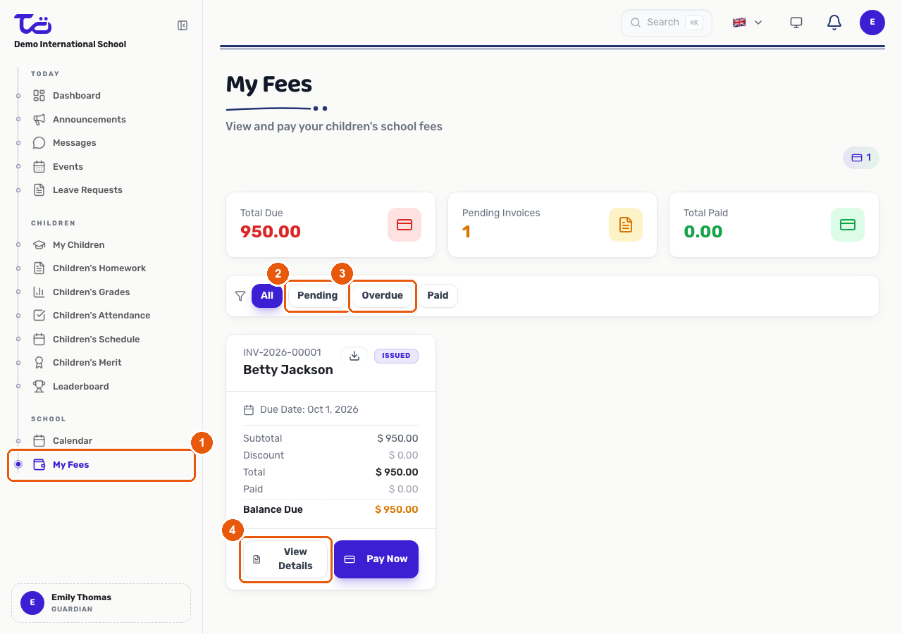 The My Fees page listing invoices with status filters and a View Details action on an invoice