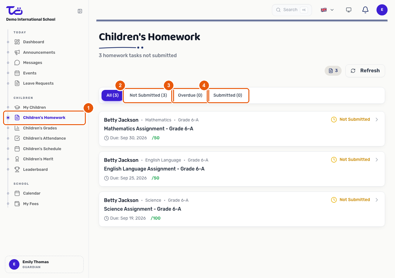 The Children's Homework page listing assignments across all children with filter tabs for submission status