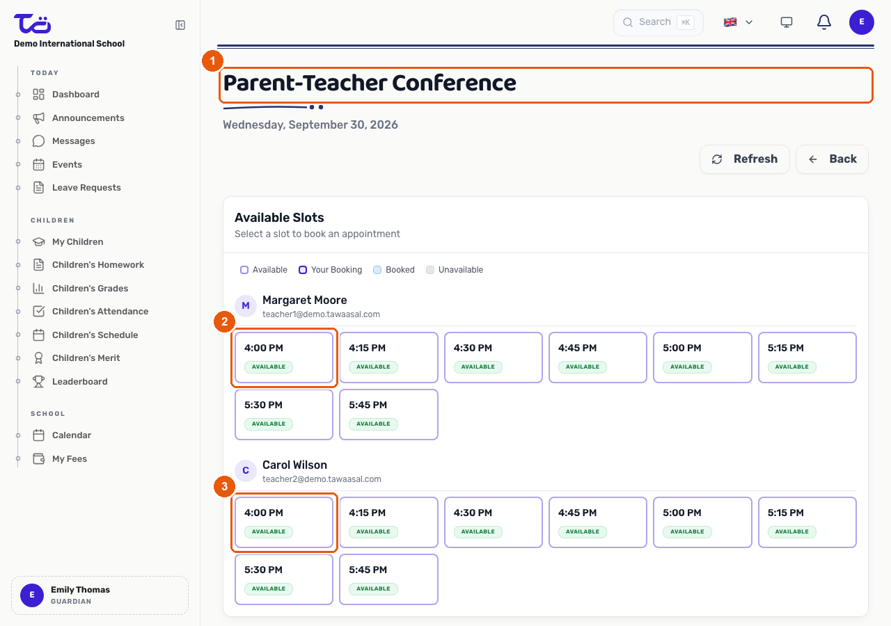 The parents evening booking page showing the event title and a slot grid with an available time slot highlighted for each of two teachers