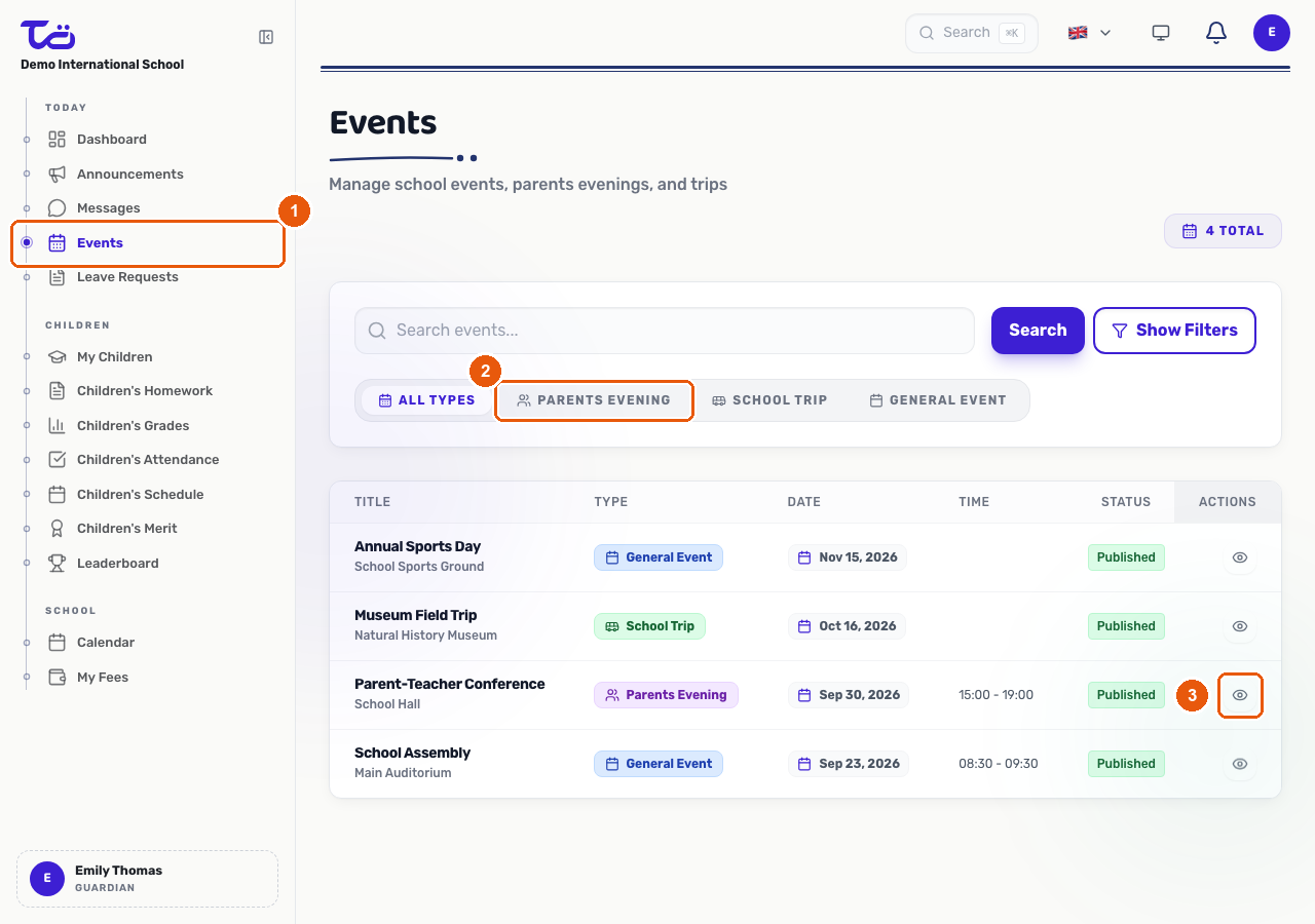 The Events page with the Events sidebar link, the Parents Evening type filter, and the open action for a Parents Evening event highlighted