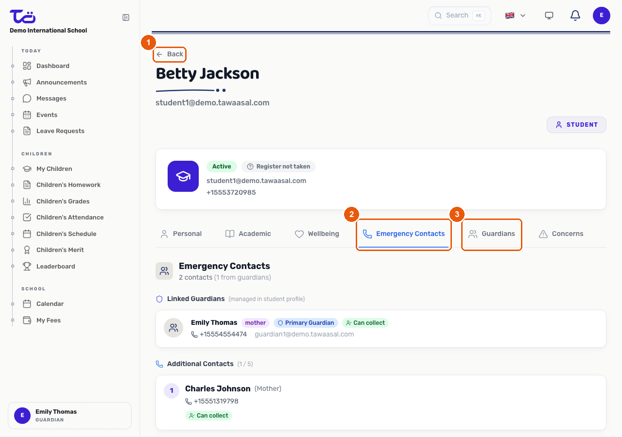 The Emergency Contacts tab showing a linked guardian and an additional contact, each with phone number and Can Collect status