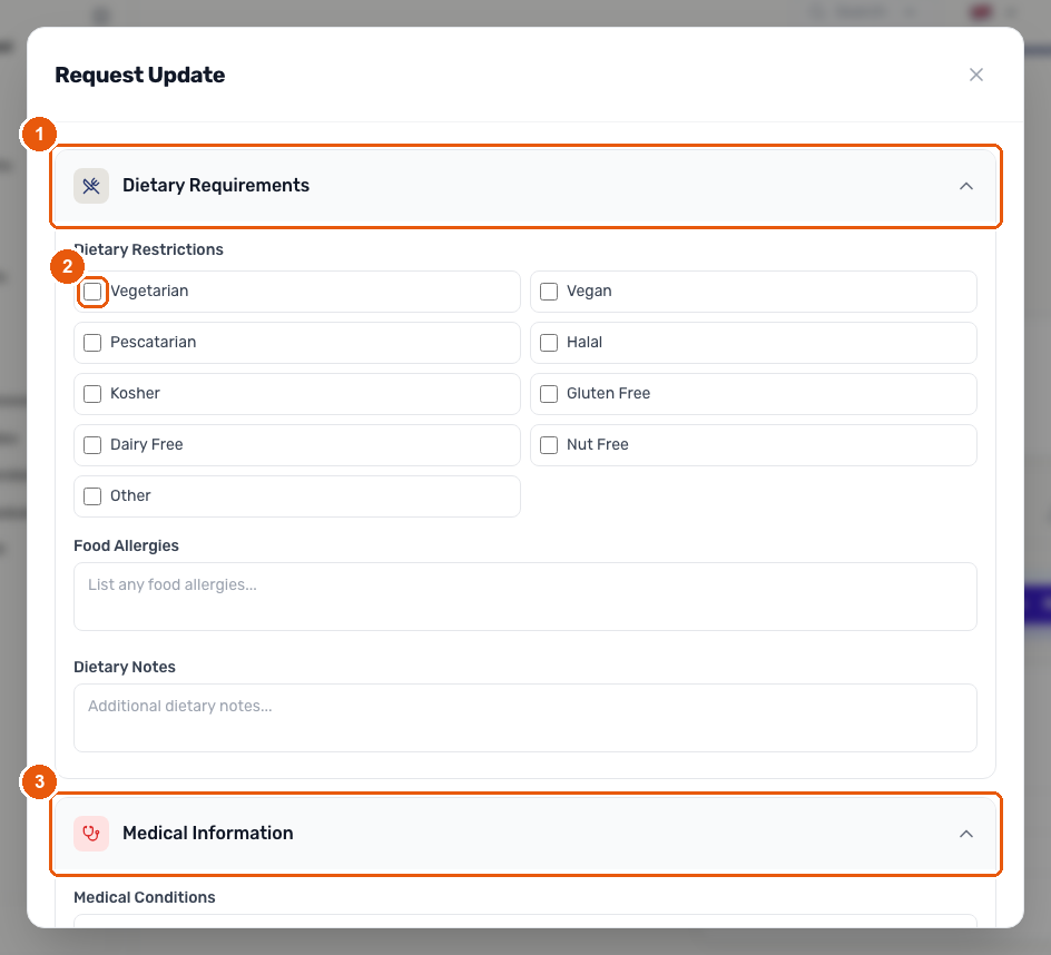 The Request Update form open on a child's Wellbeing tab, showing the Dietary Requirements section expanded with restriction checkboxes and the Medical Information section below it
