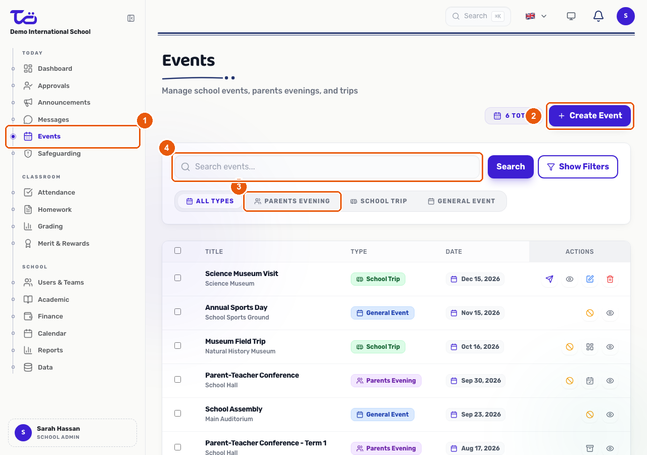The Events page listing school events with their type, date and status, plus the Create Event button and event type filters
