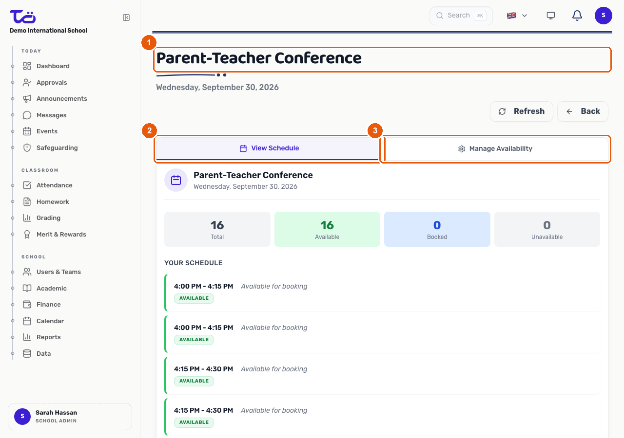 The Parent-Teacher Conference scheduling page with View Schedule and Manage Availability tabs, and a list of appointment time slots