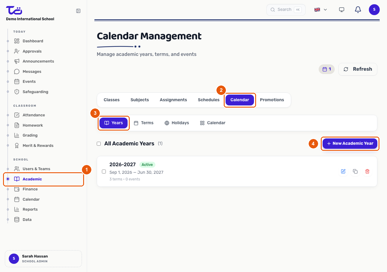 The Calendar Management page under Academic, showing the Years, Terms, Holidays and Calendar tabs and the New Academic Year button