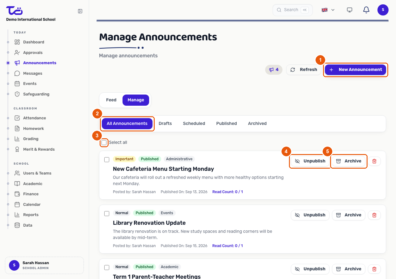 The Manage tab of the Announcements page, showing the status filter tabs, bulk-select checkbox, and per-announcement Unpublish/Archive actions