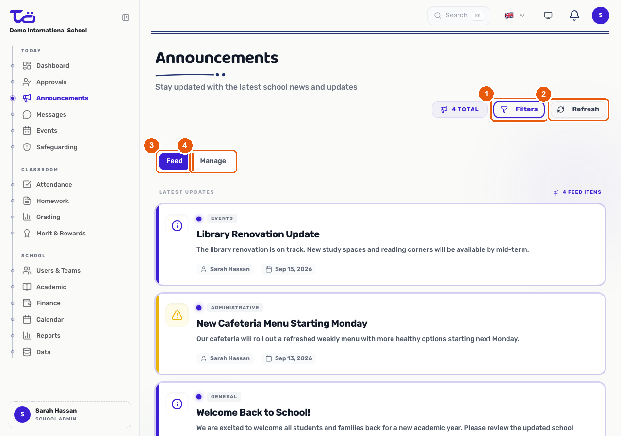 The Announcements page on the Feed tab, showing the feed controls and the Feed/Manage tab switcher