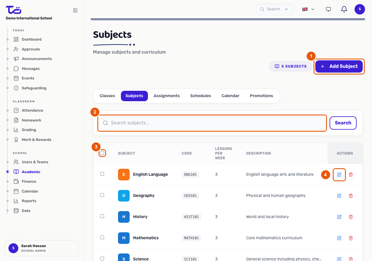The Subjects page listing the school's subjects with the Add Subject button, search bar, row-selection checkbox, and the Edit icon in the actions column