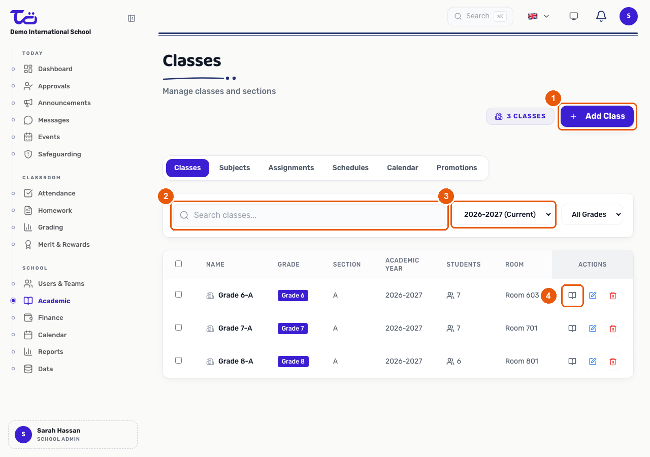The Classes page listing the school's classes with the Add Class button, search bar, academic year filter, and the Manage Subjects icon in the actions column