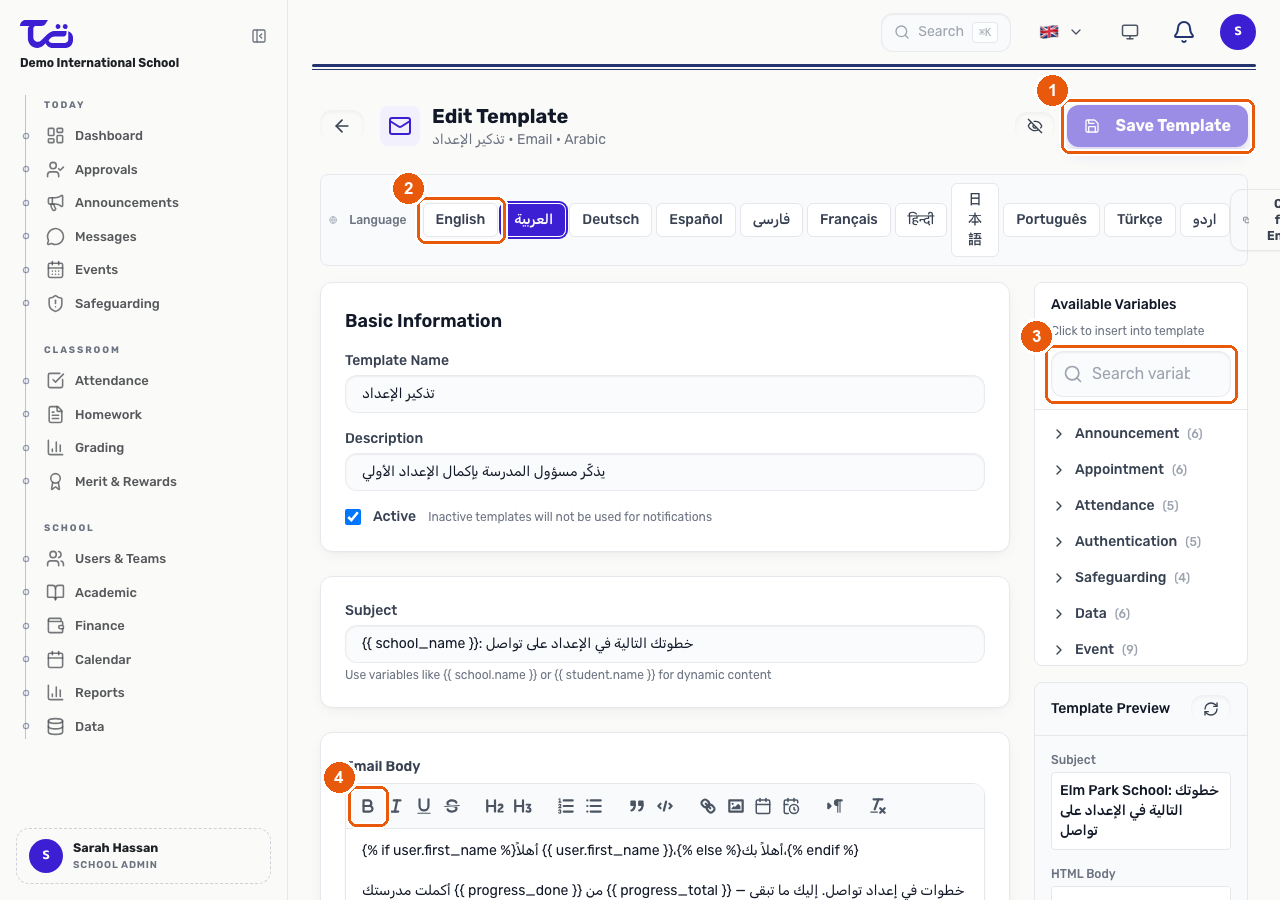 The template editor showing the language switcher, rich text toolbar, available variables panel, and live template preview