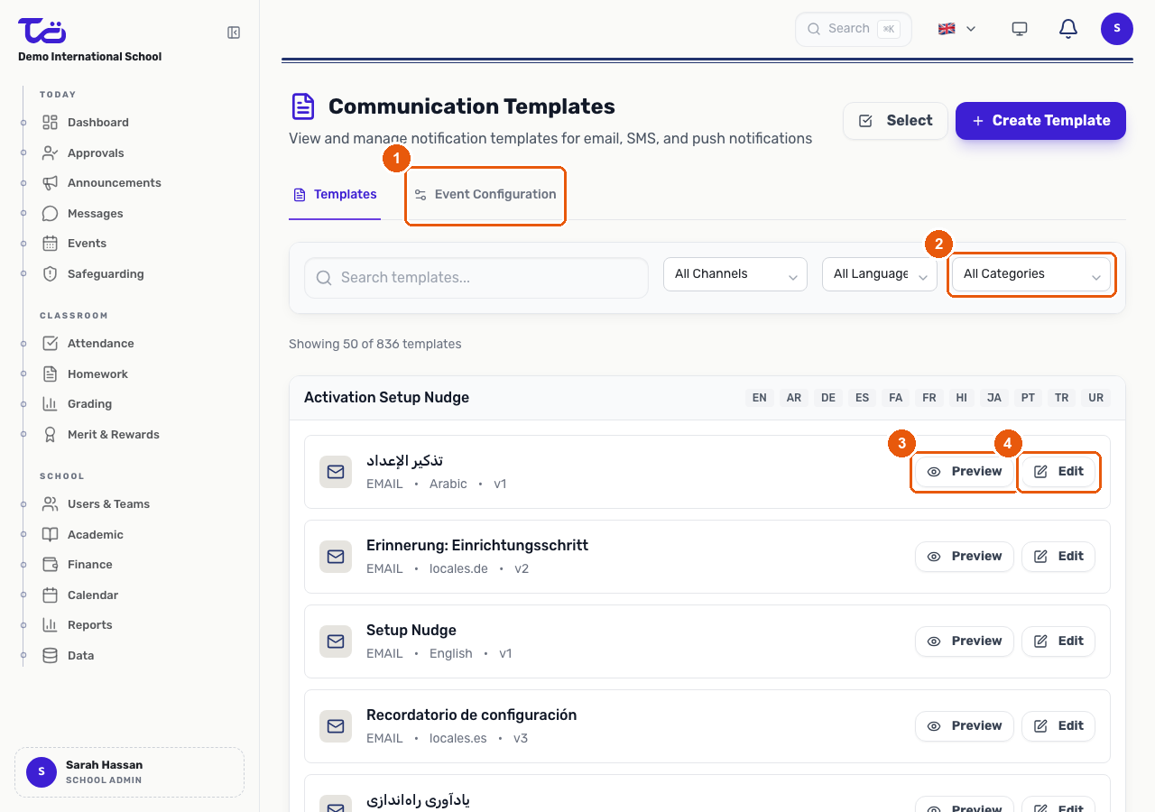 The Communication Templates page listing notification templates with channel, language, and category filters