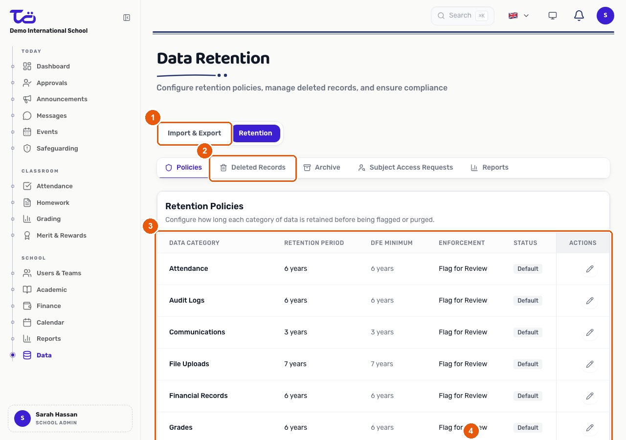 The Data Retention page on the Policies sub-tab, showing the Retention tab, its Policies / Deleted Records / Archive / Subject Access Requests / Reports sub-tabs, the retention policies table and the Run Enforcement Now button