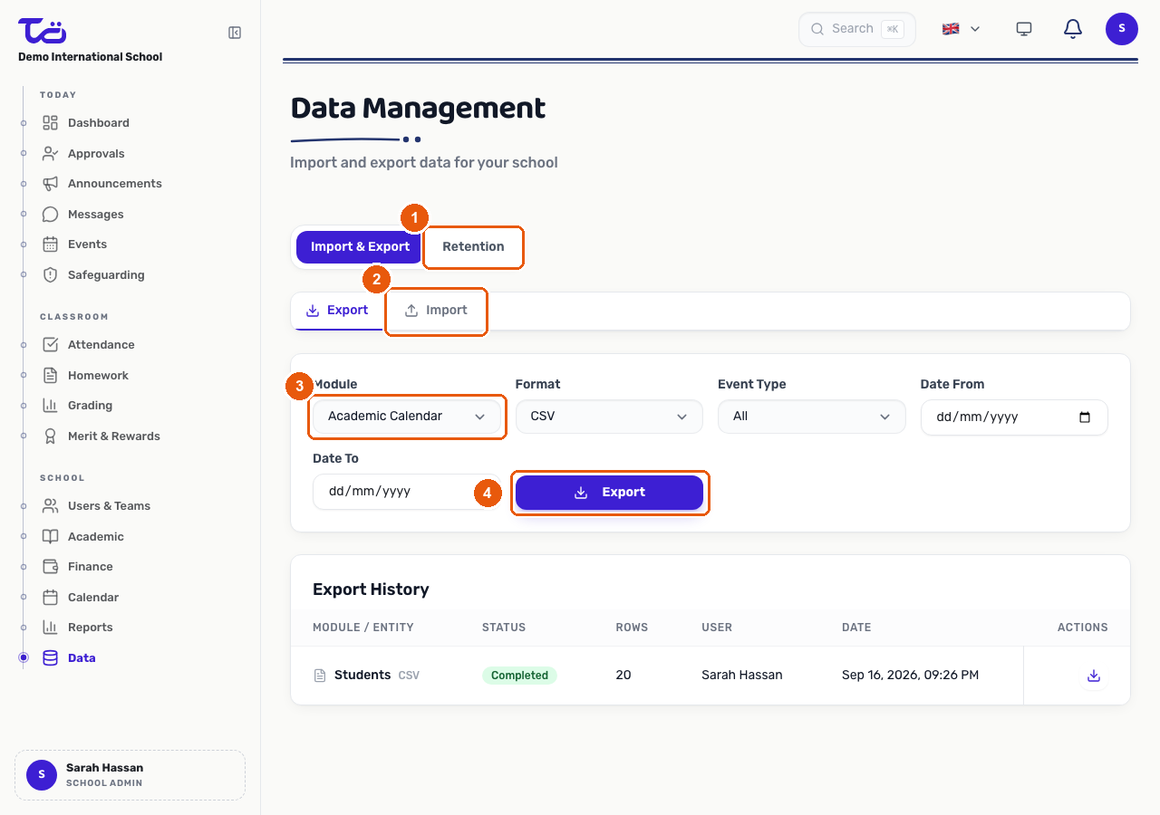 The Data Management page on the Export sub-tab, showing the Import & Export / Retention tabs, the Export / Import sub-tabs, the Module filter and the Export button
