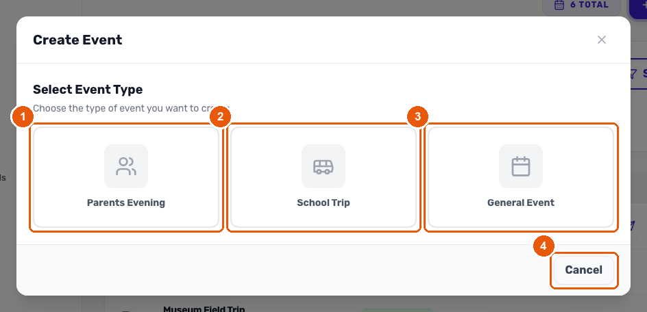 The Create Event dialog with the Parents Evening, School Trip and General Event type options, and a Cancel button