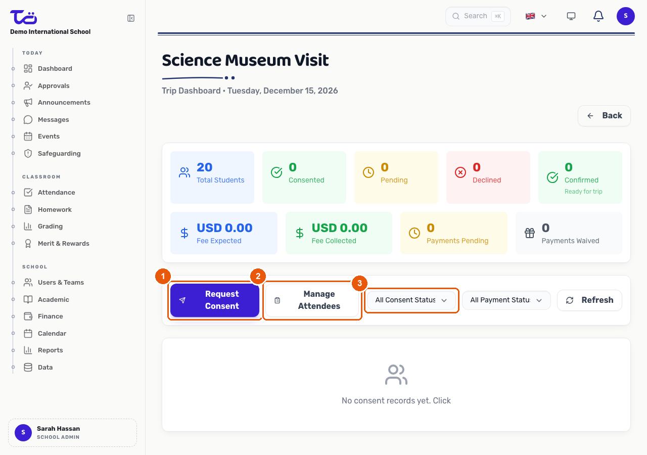 The Trip Dashboard showing the consent and payment summary tiles, with Request Consent, Manage Attendees and consent status filter controls