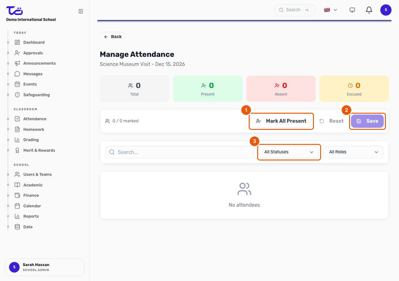 The Manage Attendance page for a trip, showing the present, absent and excused counts, the Mark All Present and Save buttons, and the status filter