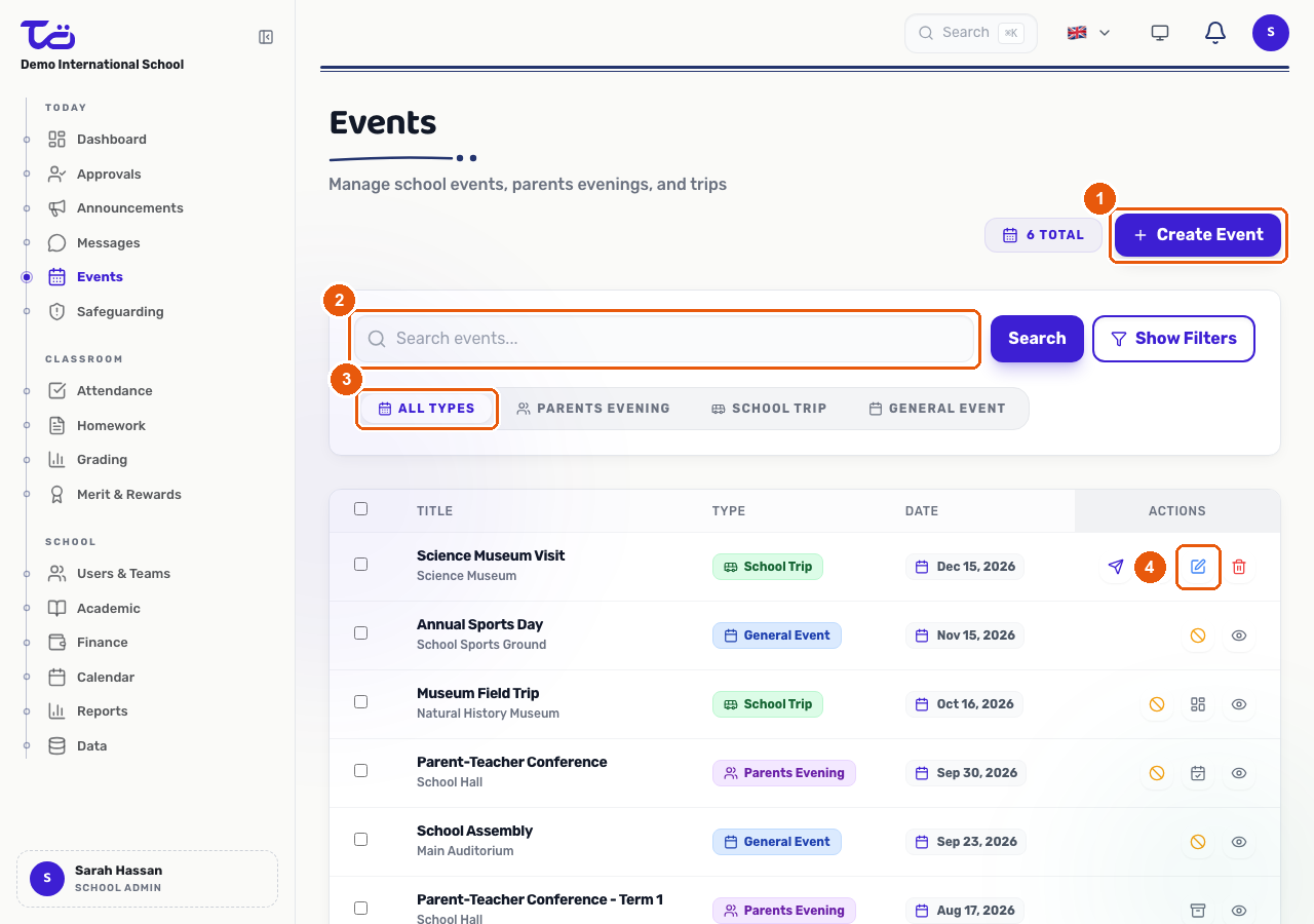 The Events page showing the events table, the Create Event button, the search bar and the event type filters