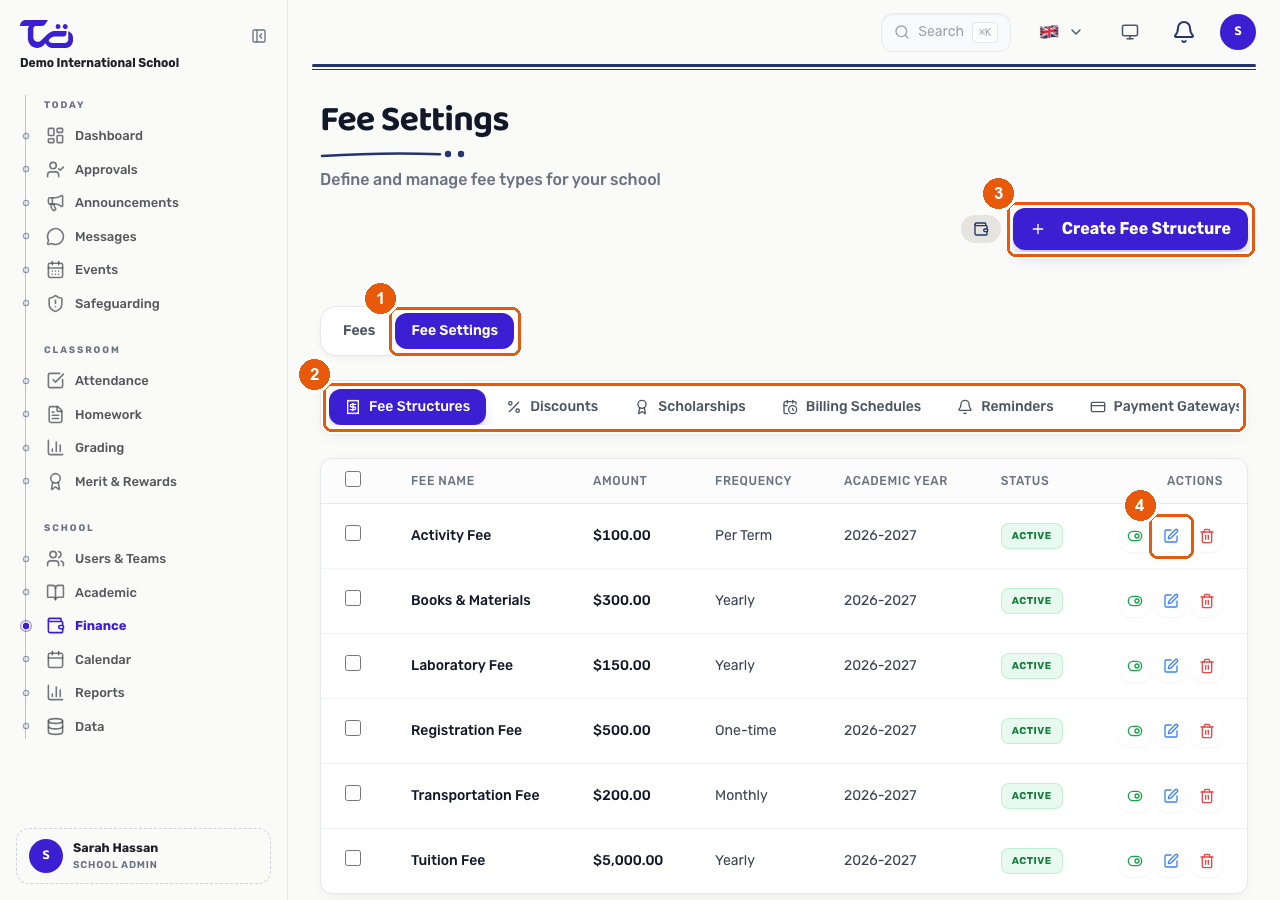 The Fee Settings page on the Fee Structures tab, showing the six configuration tabs, the Create Fee Structure button, and a row's Edit action
