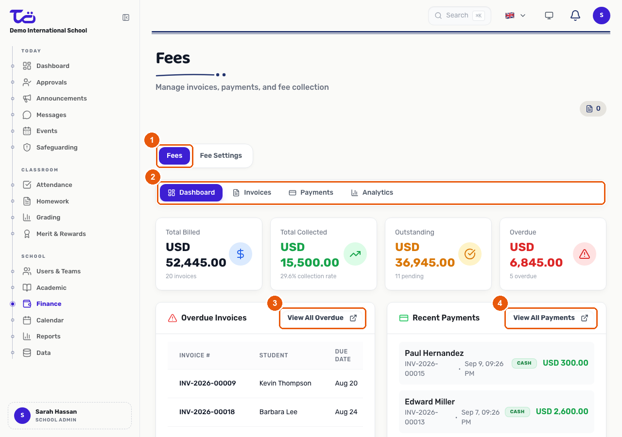 The Fees dashboard showing the Fees and Fee Settings tabs, the Dashboard/Invoices/Payments/Analytics sub-tabs, and the overdue invoices and recent payments lists