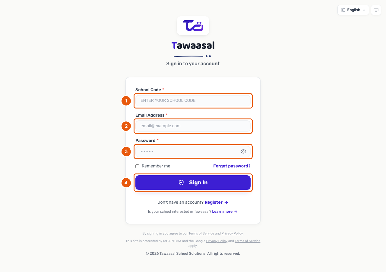 The Tawaasal sign-in page with the school code field, email address field, password field and Sign In button