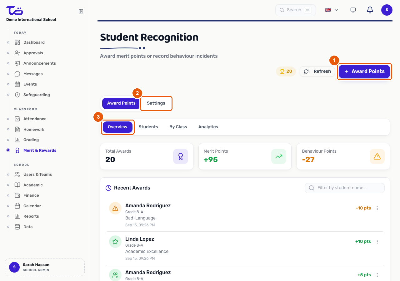 The Student Recognition page with the Award Points button and the Settings tab that opens merit management