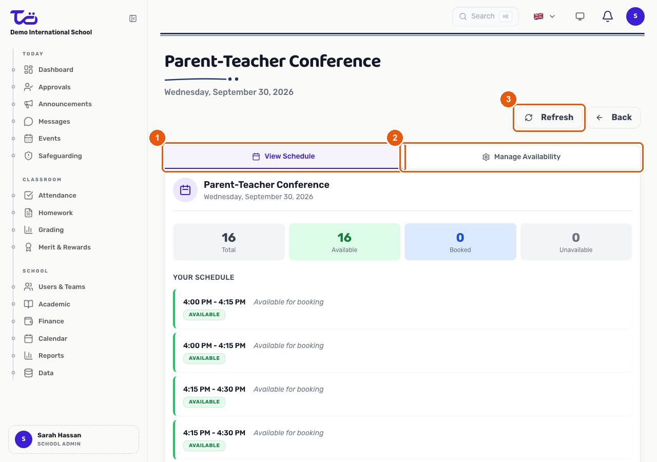 A teacher's parents evening schedule page showing the View Schedule and Manage Availability tabs, the slot-count summary, and the Refresh control
