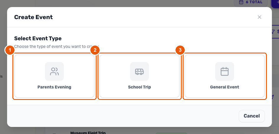 The Create Event dialog's Select Event Type step, with Parents Evening, School Trip and General Event as the three choices