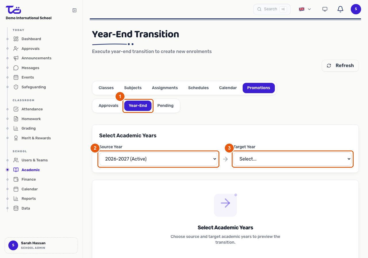 The Year-End Transition tab with Source Year and Target Year selectors, before a transition has been previewed