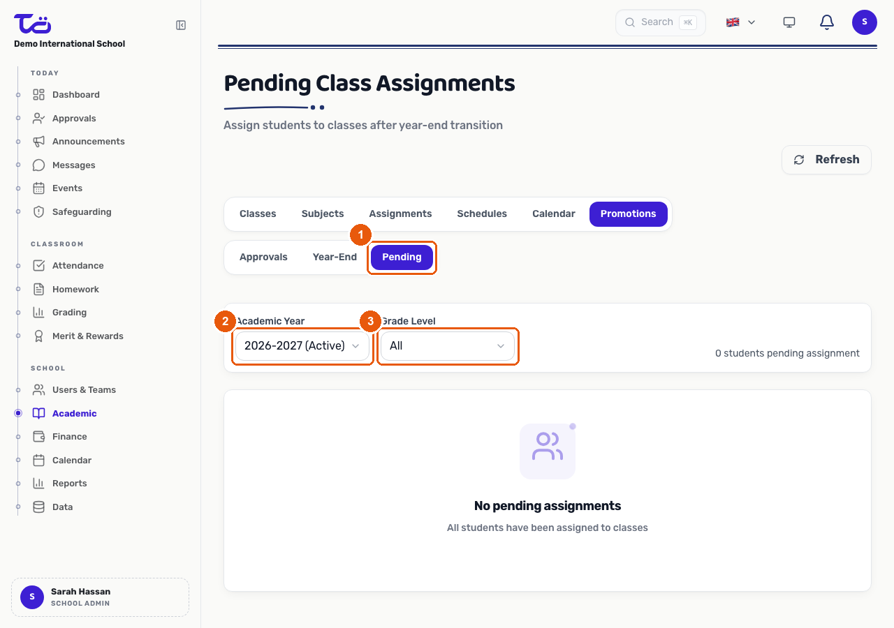 The Pending Class Assignments tab with Academic Year and Grade Level filters, showing an empty pending list