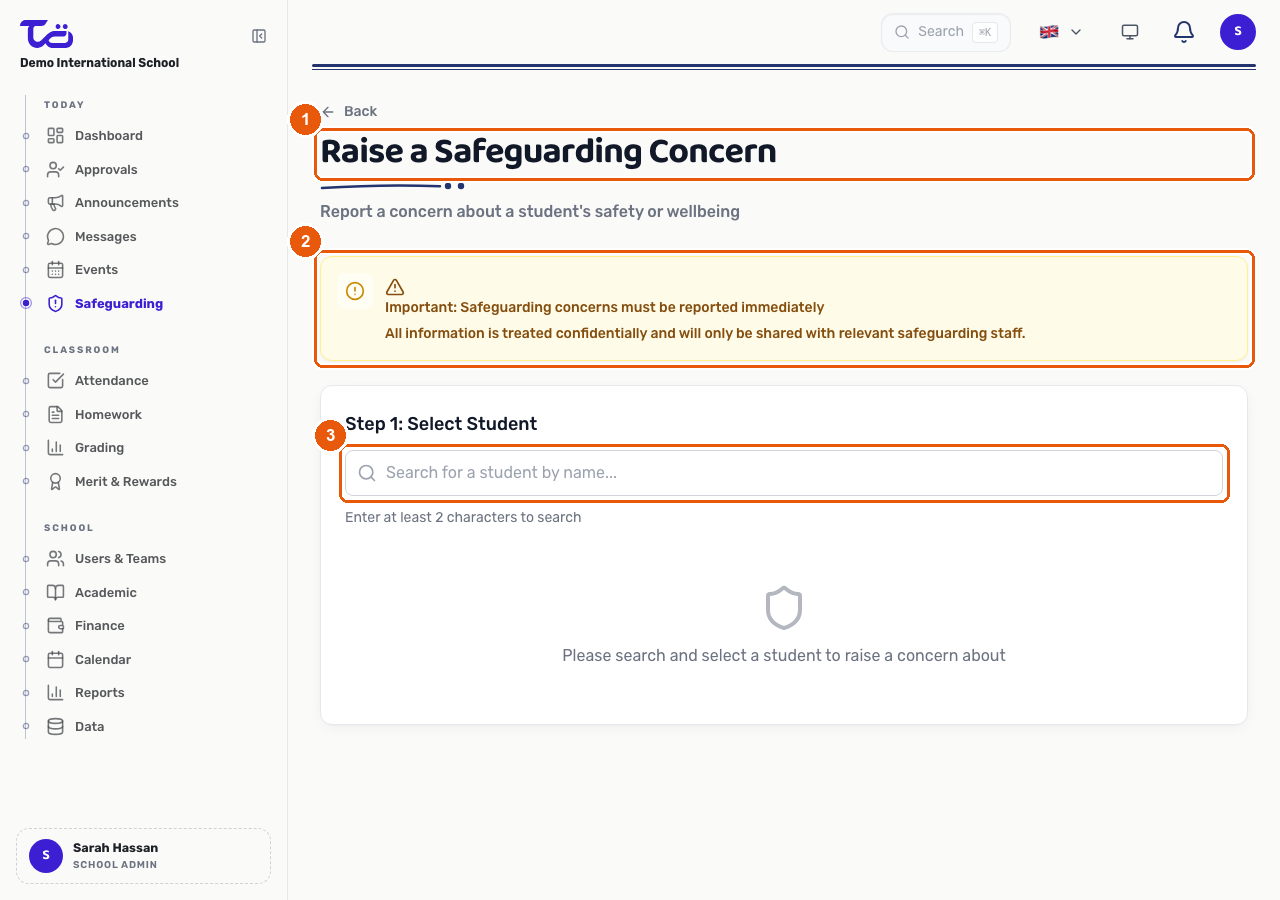 The Raise a Safeguarding Concern page with the confidentiality notice and the student search field