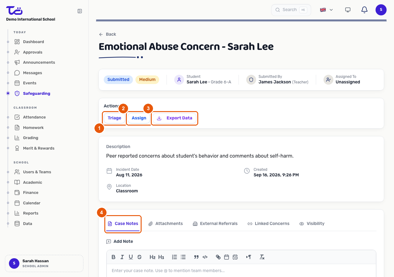 A concern detail page with the Triage, Assign and Export Data action buttons and the Case Notes tab