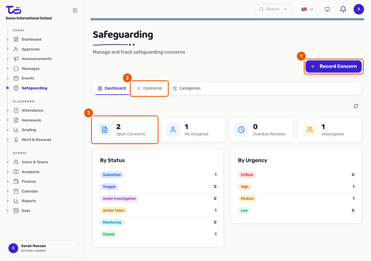 The Safeguarding dashboard showing the Record Concern button, the Concerns tab and the Open Concerns statistics card