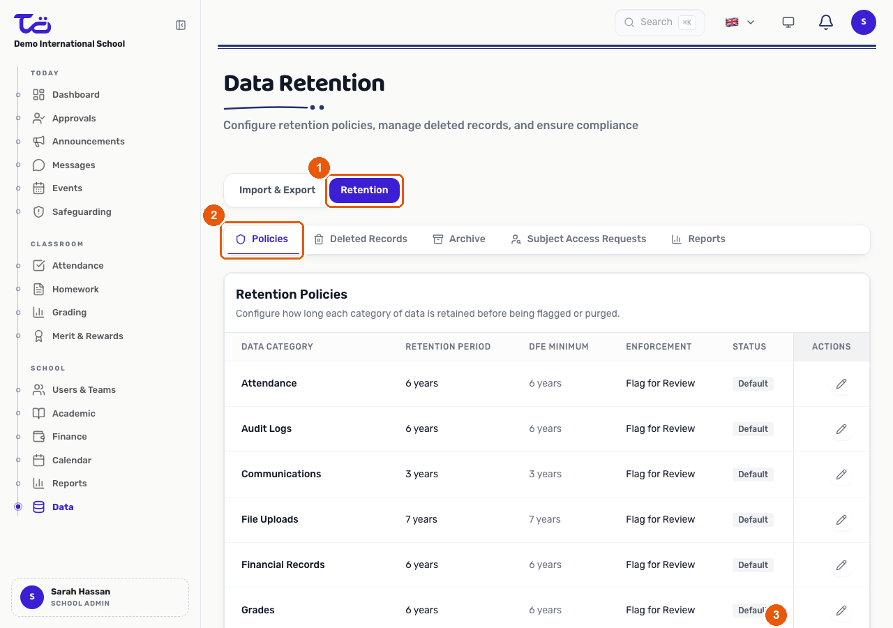 The Data Retention page showing the Retention tab, the Policies sub-tab, and the Run Enforcement Now button